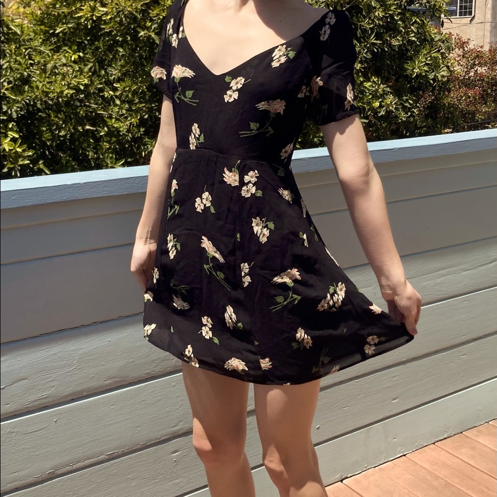Reformation mini black & floral, flowy viscose dress